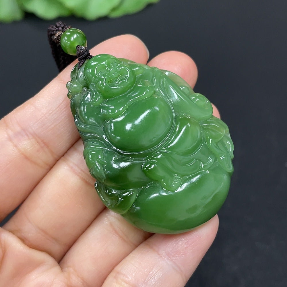 Hetian Jade Jasper pendant necklace featuring a Buddha charm, weighing approx. 37.4g with rope, beads not Hetian Jade, by HKHQ.