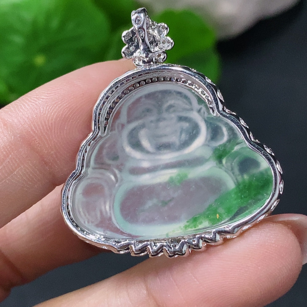 Jadeite Inlaid Buddha Pendant 18k Marked in Red for Uncertain Natural Origin Total Weight Approx. 8.5g