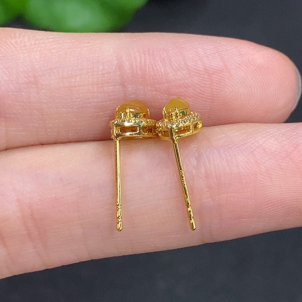Jadeite Cabochon Stud Earrings 18k Gold Total Weight Approx. 1g Accented with Diamonds