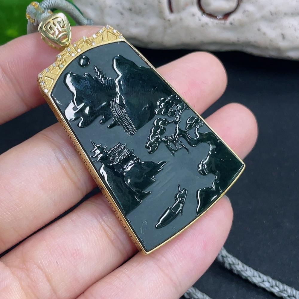 Jadeite pendant featuring a landscape design, 18k diamond accents, HKHQ brand, with a cord, weighing approximately 18.57g.