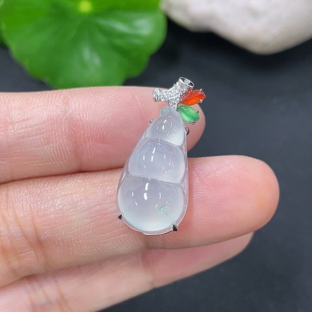 Jadeite inlaid lucky bean pendant, 18k gold with diamond accents, yellow bead color origin undetermined