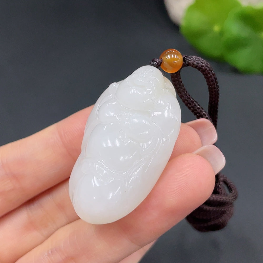 Hetian Jade Pendant    Buddha    Total Weight (with rope): 25.6g