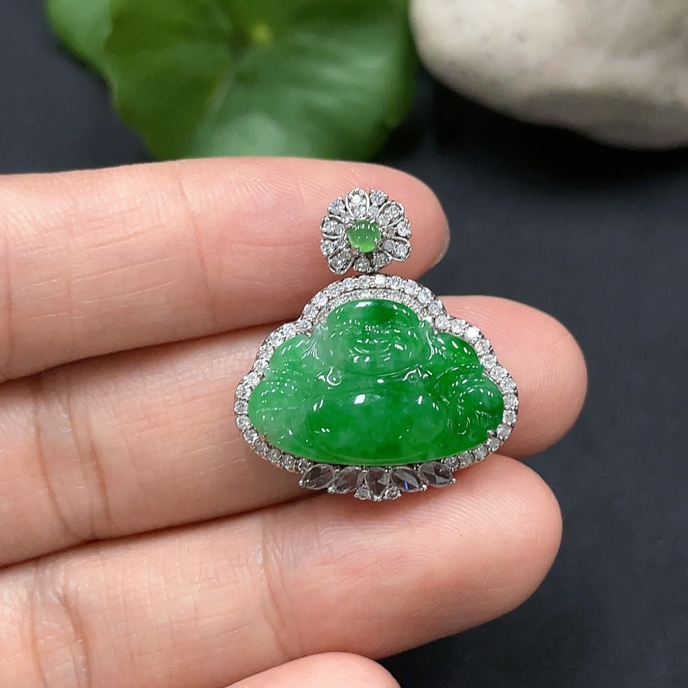 JadeiteBuddha Pendant, 18K Gold Inlaid, Total Weight Approx. 4.37g