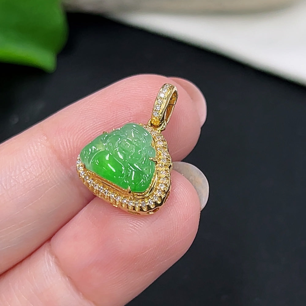 Jadeite God of Wealth Pendant 18K Gold Total Weight Approx. 2.3g (with Diamond Accents)