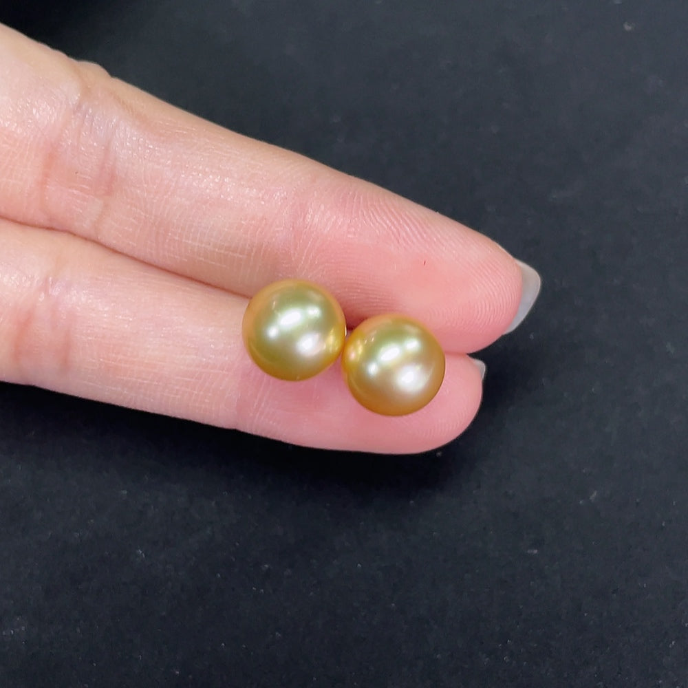 Saltwater pearl stud earrings with 14K gold settings, featuring 9.3mm pearls and a total weight of 2.66g.