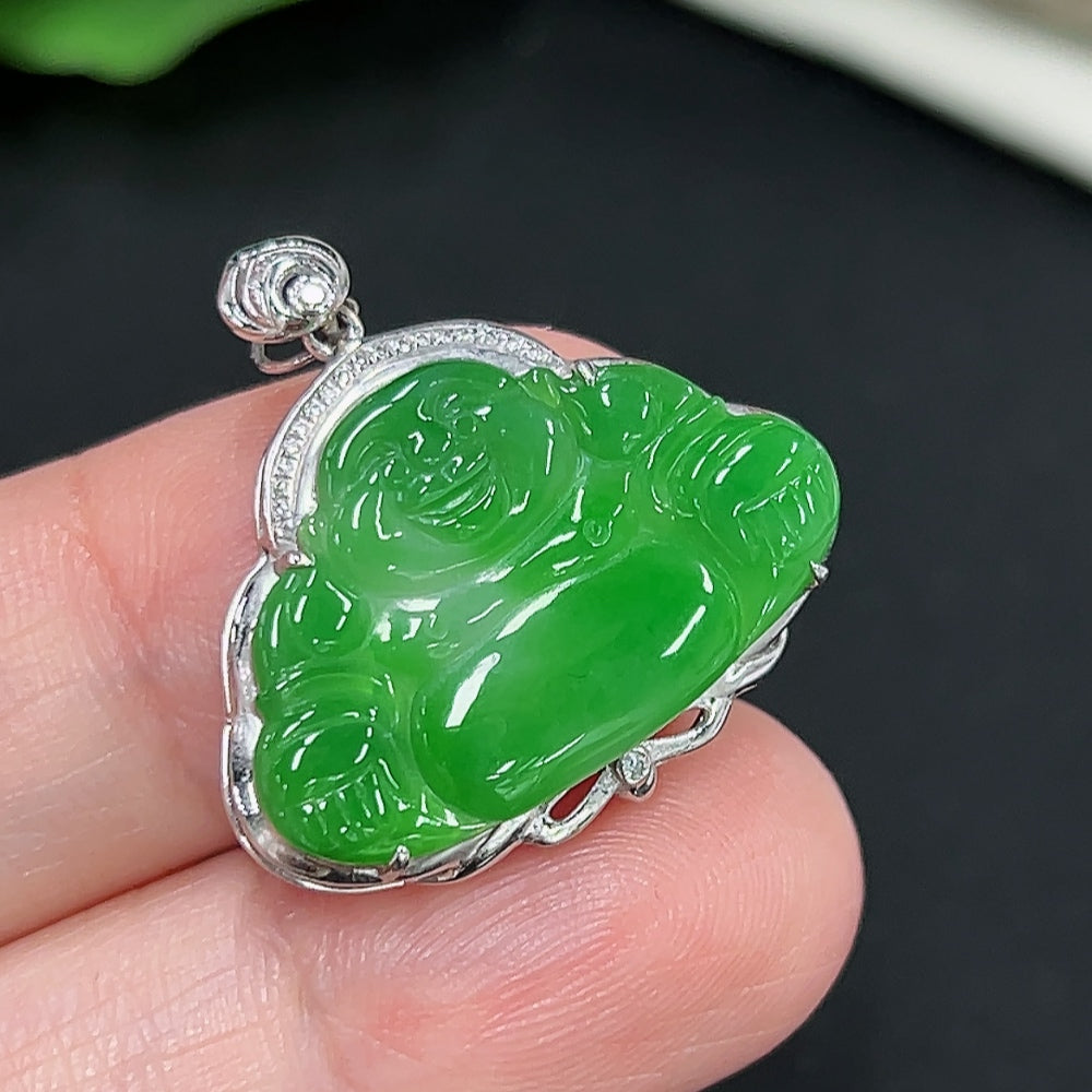 Jadeite Buddha pendant with 18K gold mount and diamond accents, lightweight jewelry piece, crafted by HKHQ.