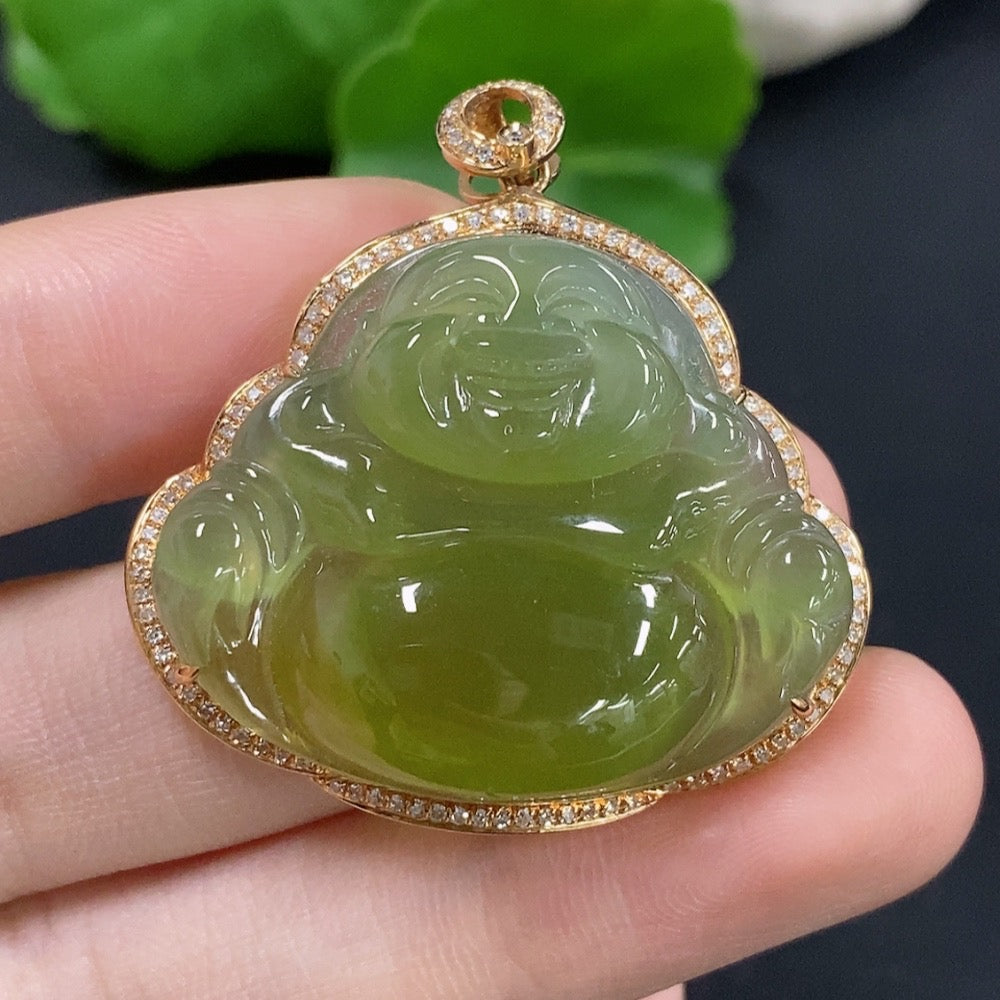 Jadeite Buddha Pendant Set in 18K Gold with Diamond Accents, Total Weight Approximately 11.85g