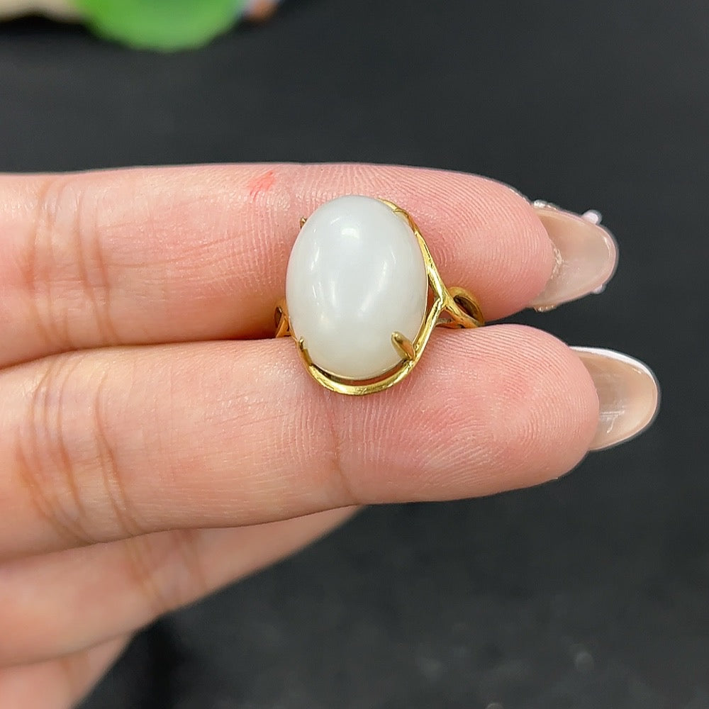 Hetian Jade Inlaid Ring Size 12.5 Total Weight 4.9g 18k
