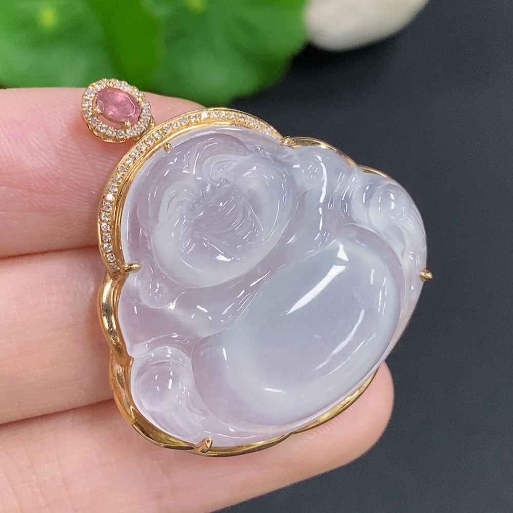 Jadeite Buddha Pendant (with Tourmaline) 18K Gold Total Weight Approx. 10.5g Diamond Accents