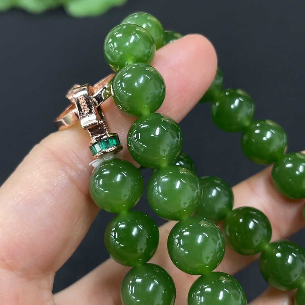 Green Hetian Jade Bead Necklace, Non-Gold