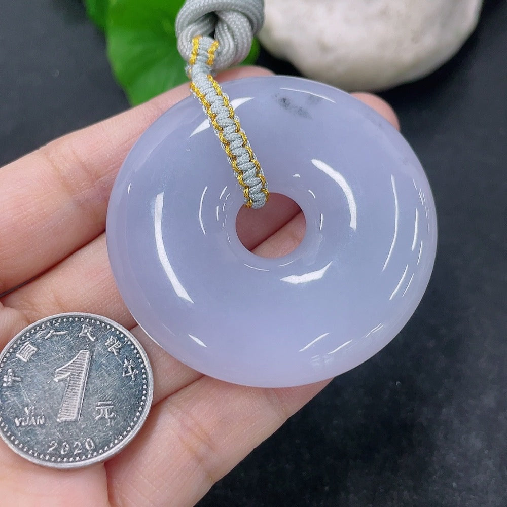 Jadeite pendant donut with rope, approx. 42.54g, showcasing smooth green jade surface and handcrafted design by HKHQ.