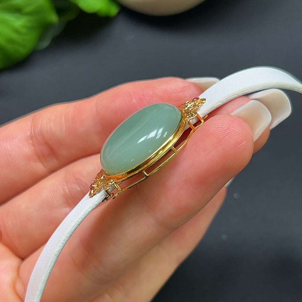 Hetian Jade Cabochon Bracelet 18K Gold with Leather Wristband