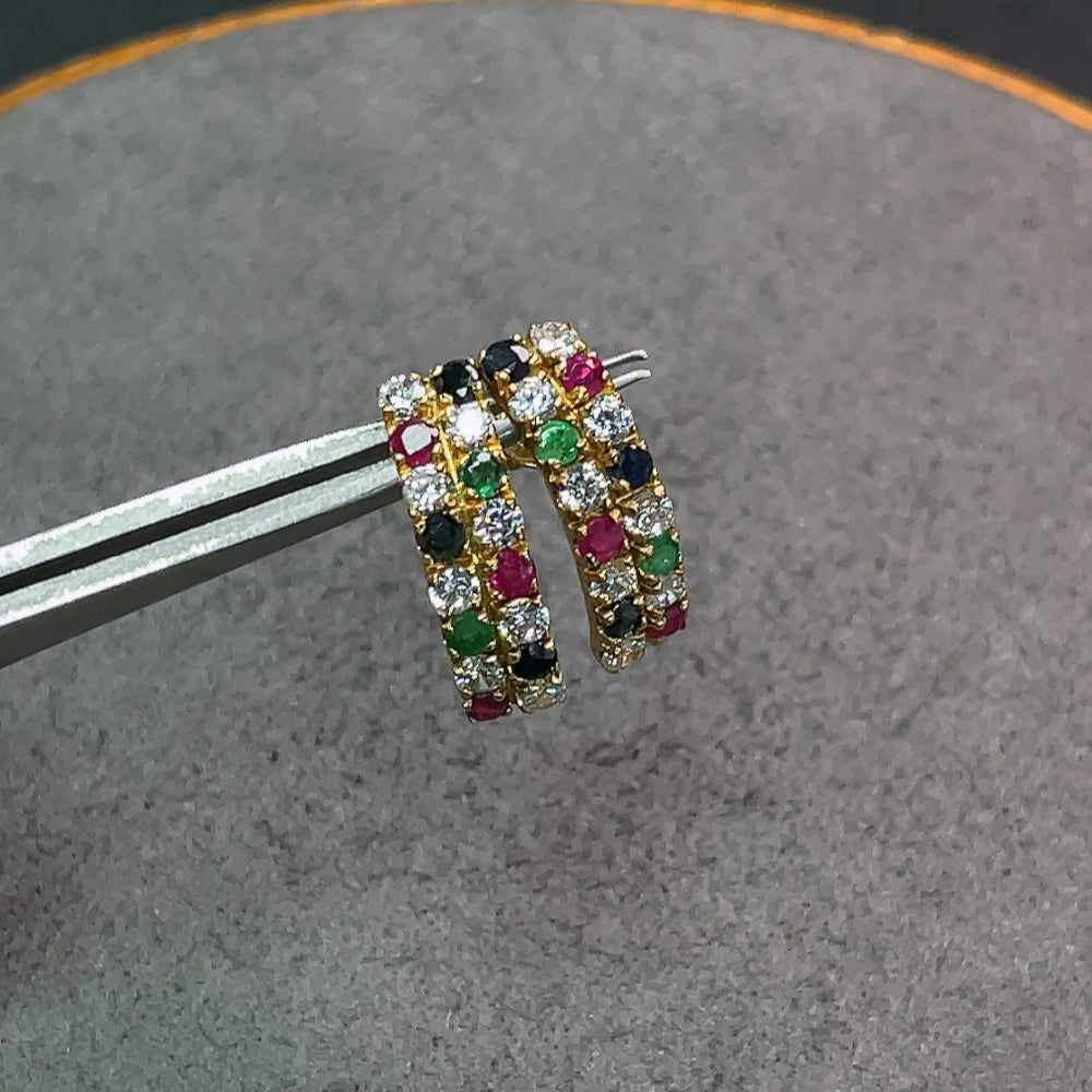 Emerald Earrings Clarity Enhanced with Sapphire and Ruby 18K Gold Non-Diamond Total Weight Approx. 2.64g