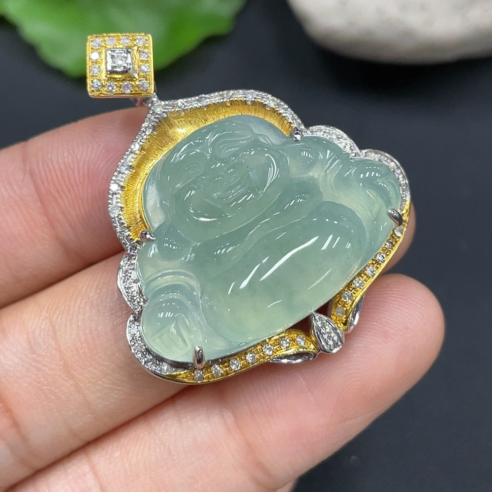 Jadeite Buddha Pendant with 18K Gold Setting, Total Weight Approx. 10.1g