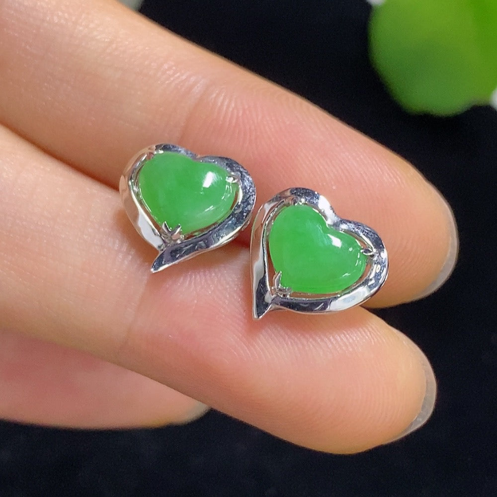 Jadeite heart earrings with mixed gold components, featuring elegant gold accents and a polished green jadeite heart design.