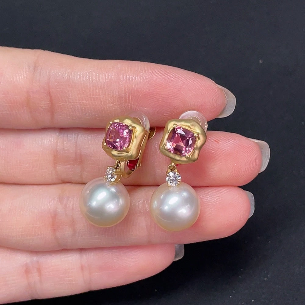 Saltwater Pearl Earrings with Diamond and Tourmaline Accents