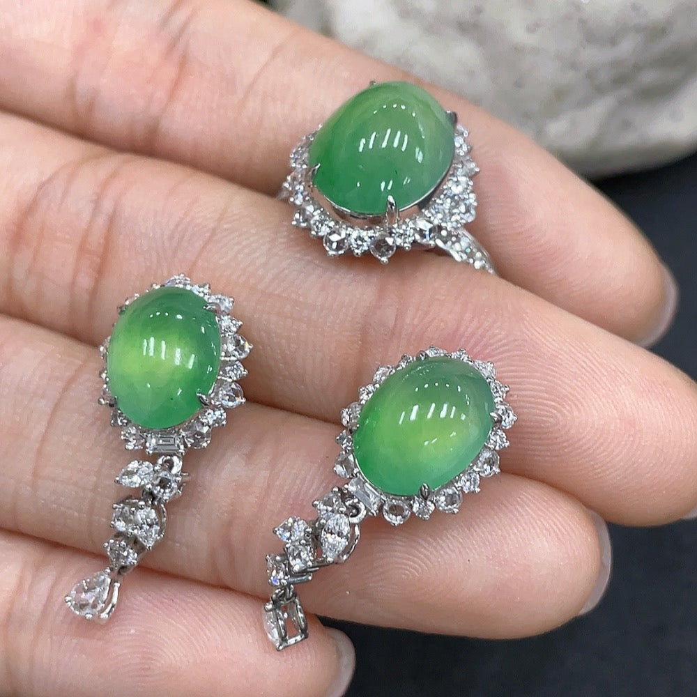 Jadeite Cabochon Earrings/Ring 18K Gold Setting Size 14 Total Weight Approx. 9.76g Wholesale Lot