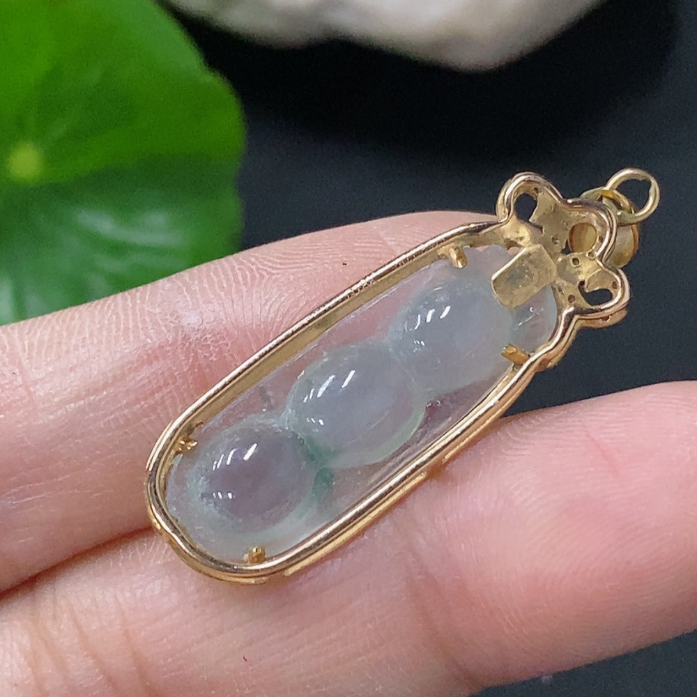 Jadeite Inlaid Lucky Bean Pendant No Stamp 18k Gold Tested Diamond Accented Total Weight Approx. 3.49g
