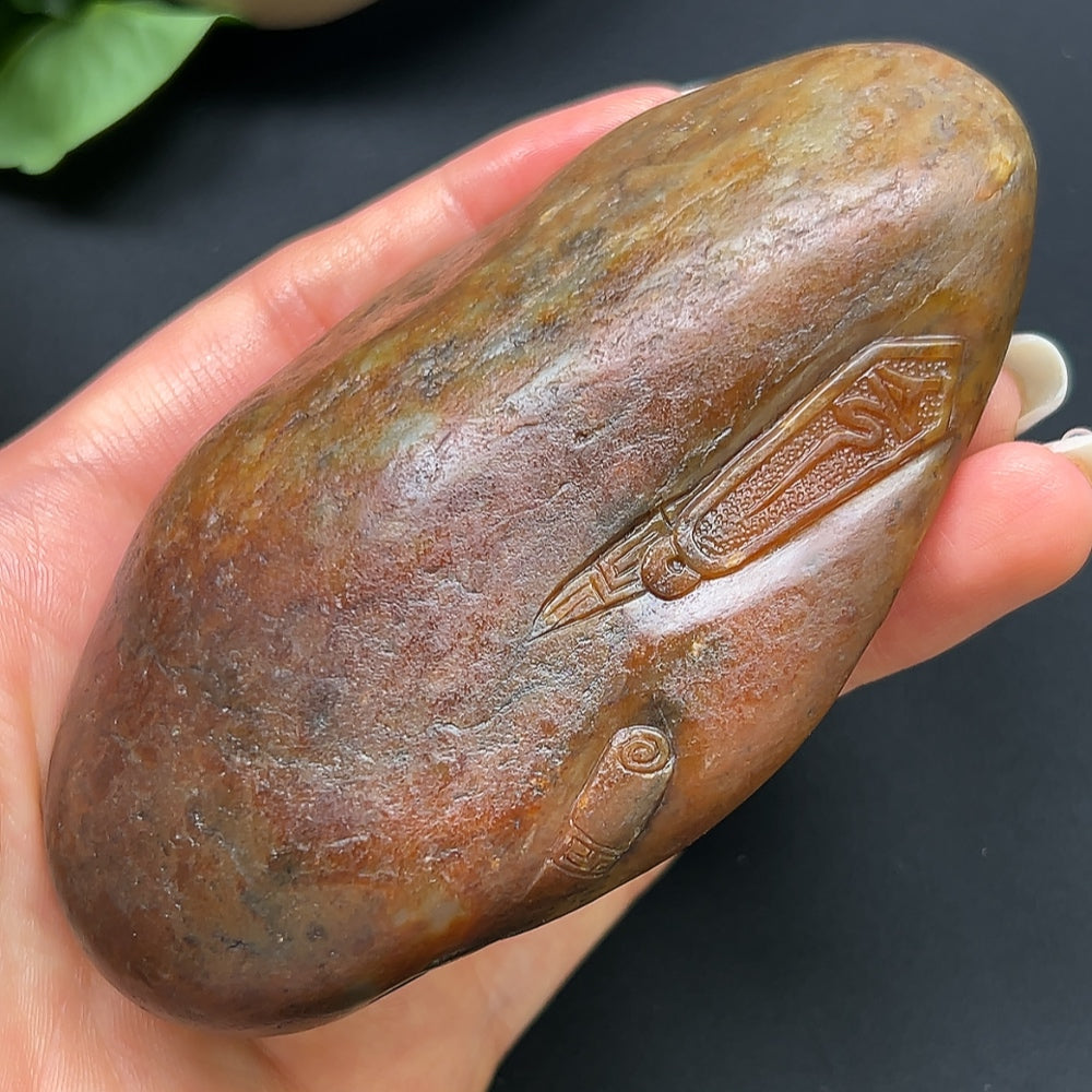 Hetian Jade Double Blessings Handheld Piece, color origin undetermined, contains other mineral components