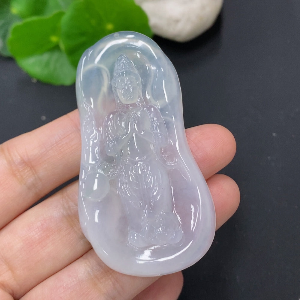 Jadeite Guanyin pendant necklace from HKHQ, featuring a detailed carved figure, weighs approximately 21.7g.