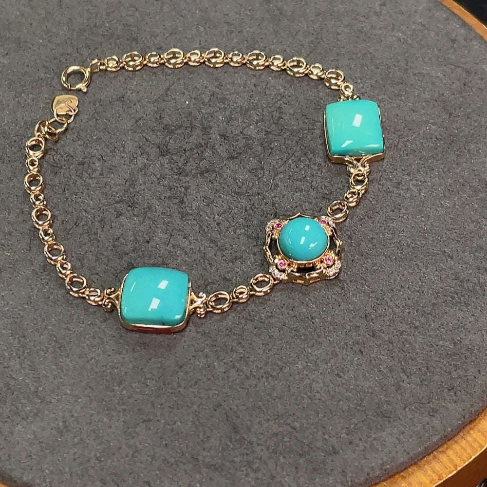 Turquoise Bracelet Marked Au 58% with Remaining 18K Gold Set with Colorless Diamonds Stone