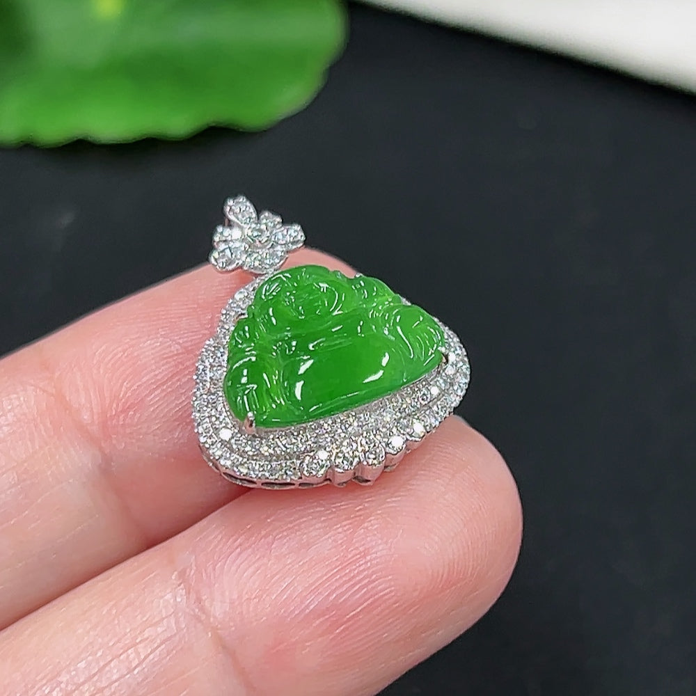 Jadeite Buddha Pendant 18K Gold Total Weight Approx. 2.1g (with Diamond Accents)