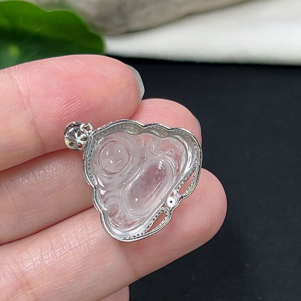 Jadeite Buddha Pendant Set in 18K Gold with Diamond Accents, Total Weight Approx. 3.3g