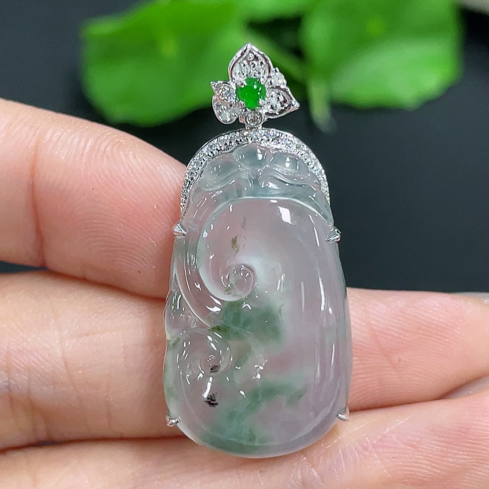 Jadeite pendant Ruyi with 18K gold accents and diamond details, showcasing smooth jade surface and intricate design.