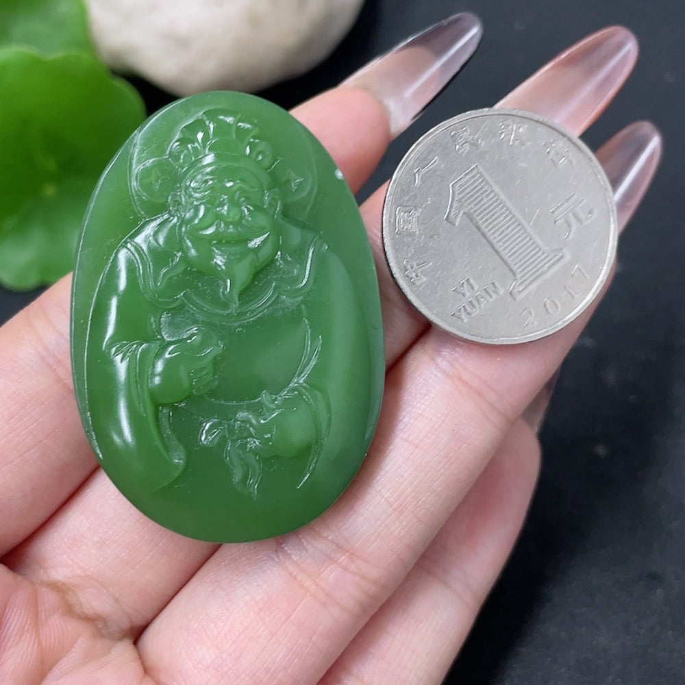 HKHQ Hetian jade jasper pendant featuring the God of Wealth, weighing about 28g, showcasing intricate jade craftsmanship.