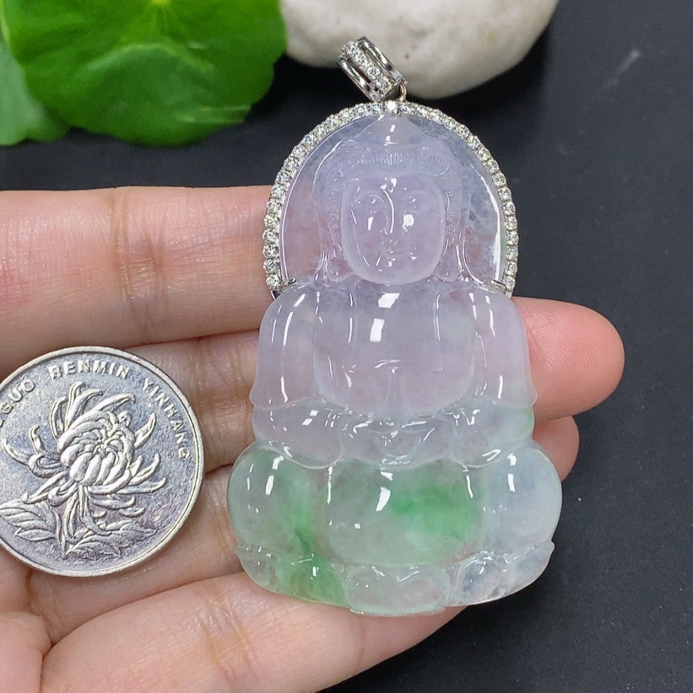 Jadeite Guanyin pendant in 18K gold with mineral inlays, showcasing detailed craftsmanship and a smooth, polished surface.