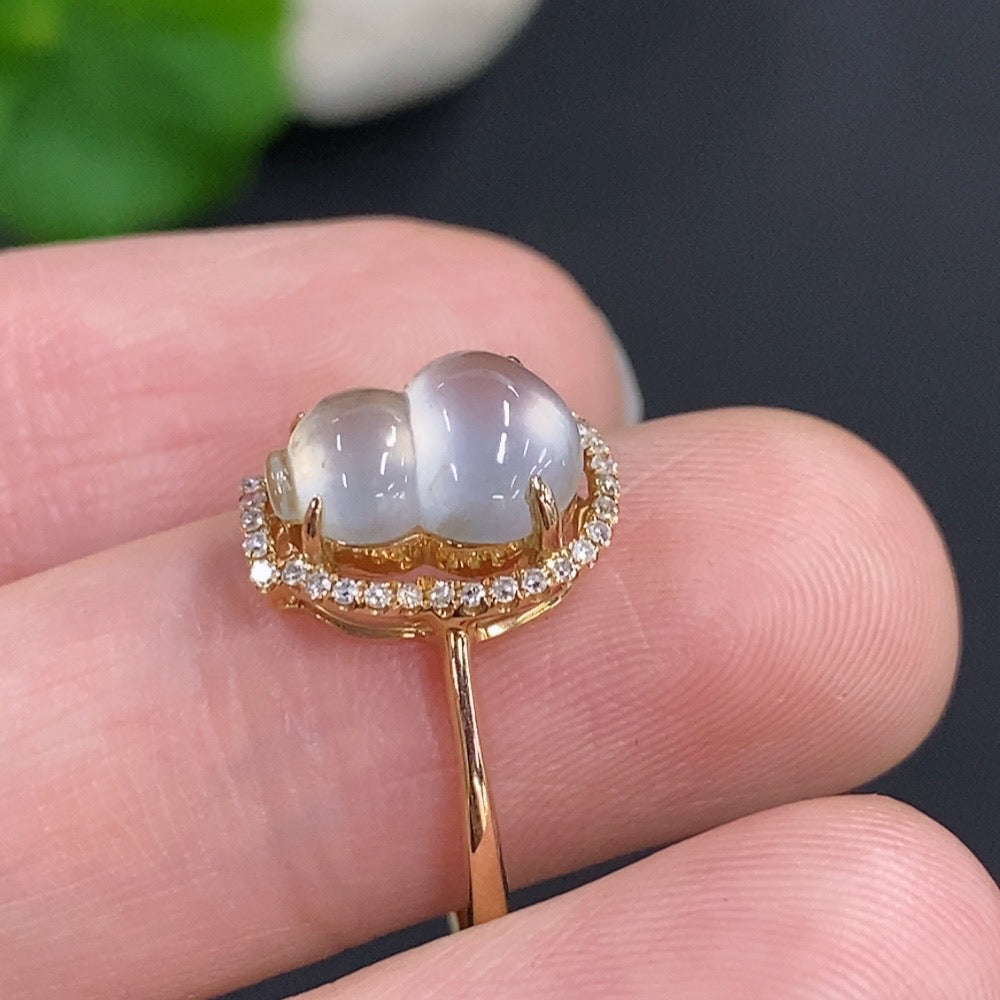 Jadeite Gourd Inlay Ring 18k Gold Total Weight Approx. 2.4g Size 17 With Diamond Accents