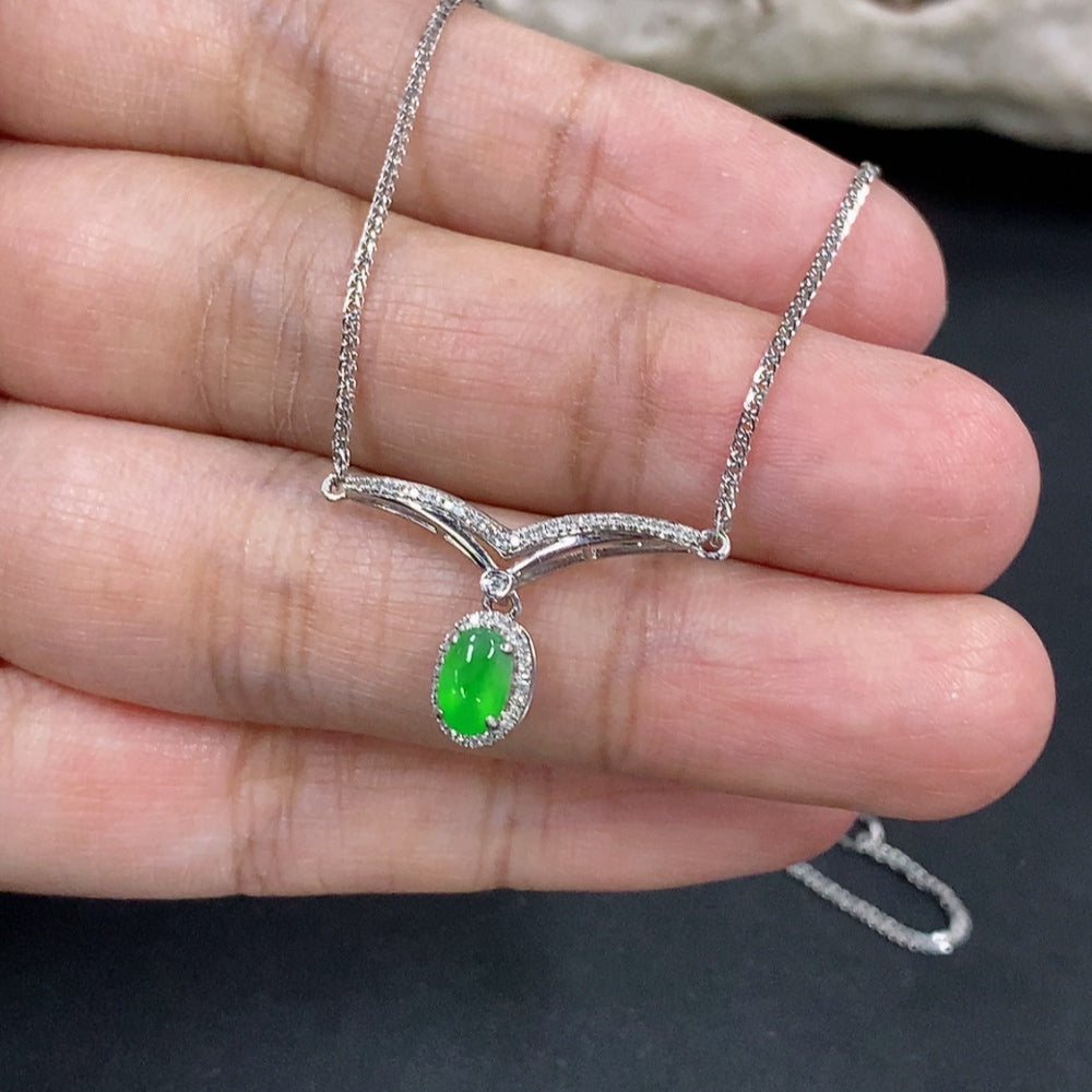 Jadeite Cabochon Pendant Necklace with 18K Gold and Diamond Accents