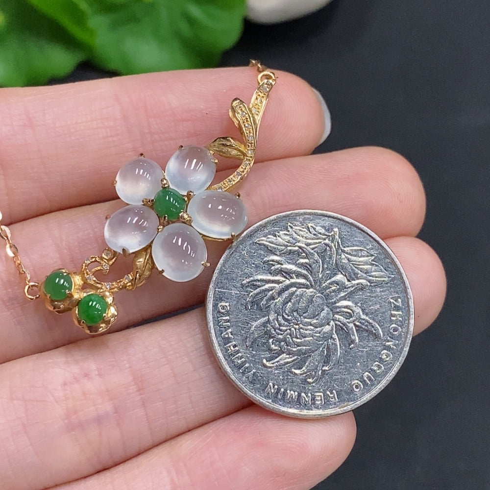Jadeite Cabochon Pendant with 74% Gold Content, Total Weight Approx. 4g (Including Chain), Accented with Diamonds