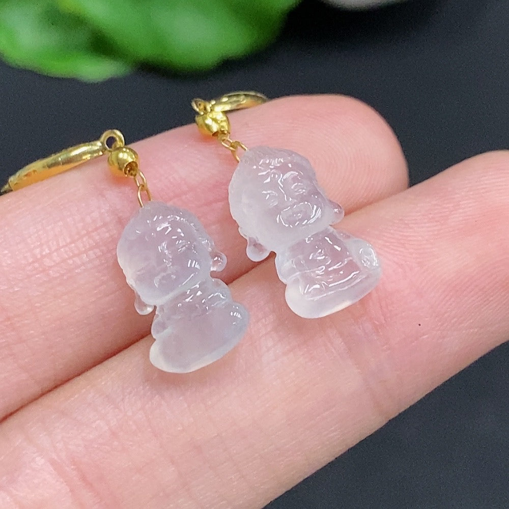 Jadeite Baby Buddha Inlaid Earrings 18K Gold Total Product Weight Approximately 1.9g