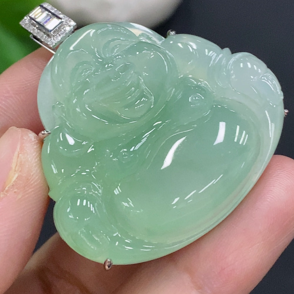 Jadeite Buddha Pendant with 18K Gold Setting, Total Weight Approx. 24.9g (Accented with Diamonds)
