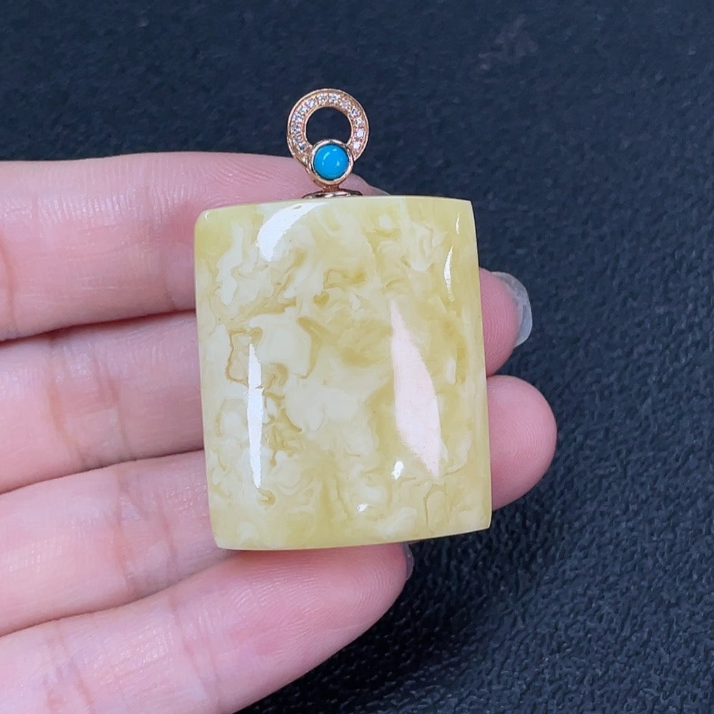 Amber Beeswax Inlaid Pendant 18K Gold Accent Stones Considered Non-Natural Accented with Diamonds