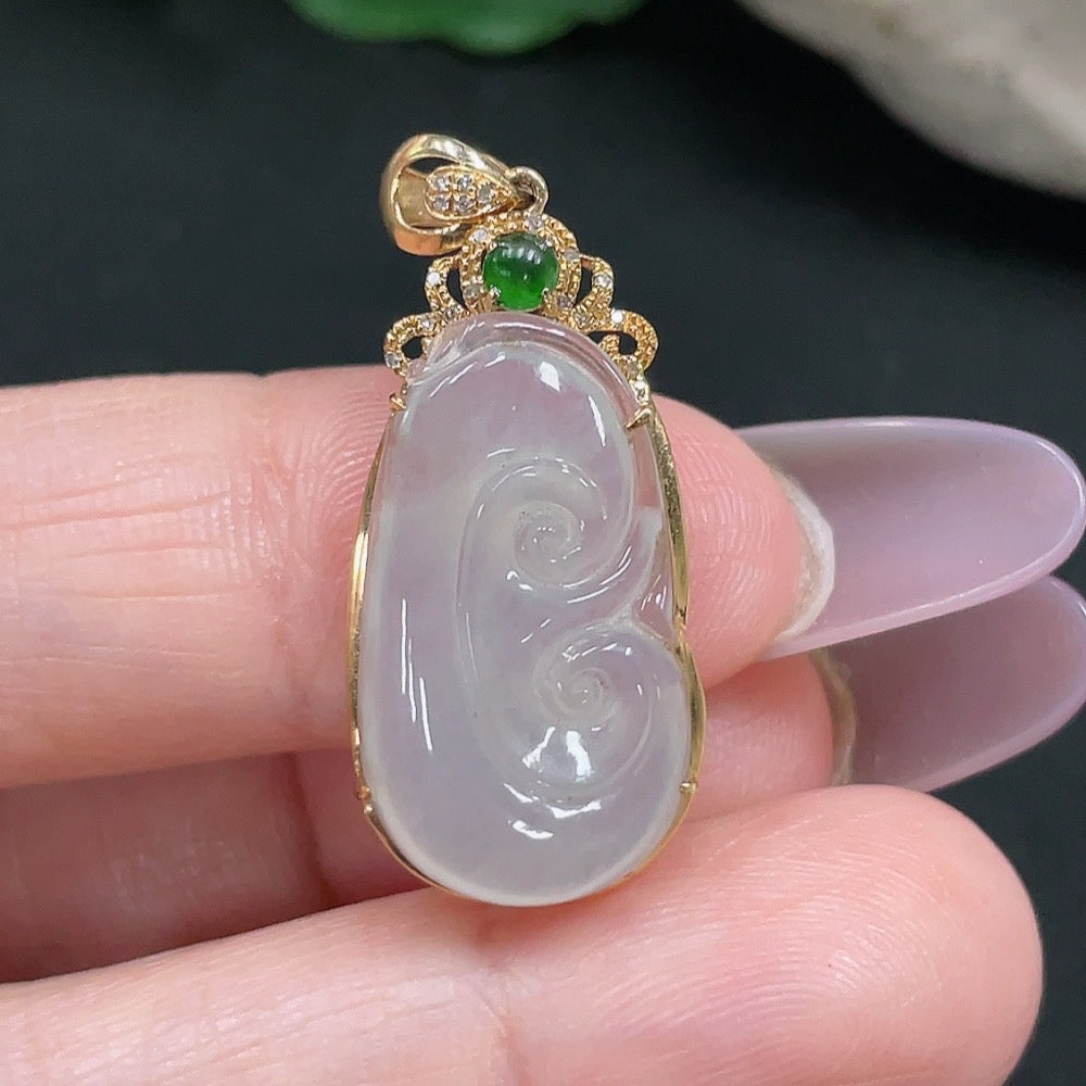 Jadeite Ruyi Inlaid Pendant 18K Gold with Diamond Accents Total Weight Approx. 2.45g