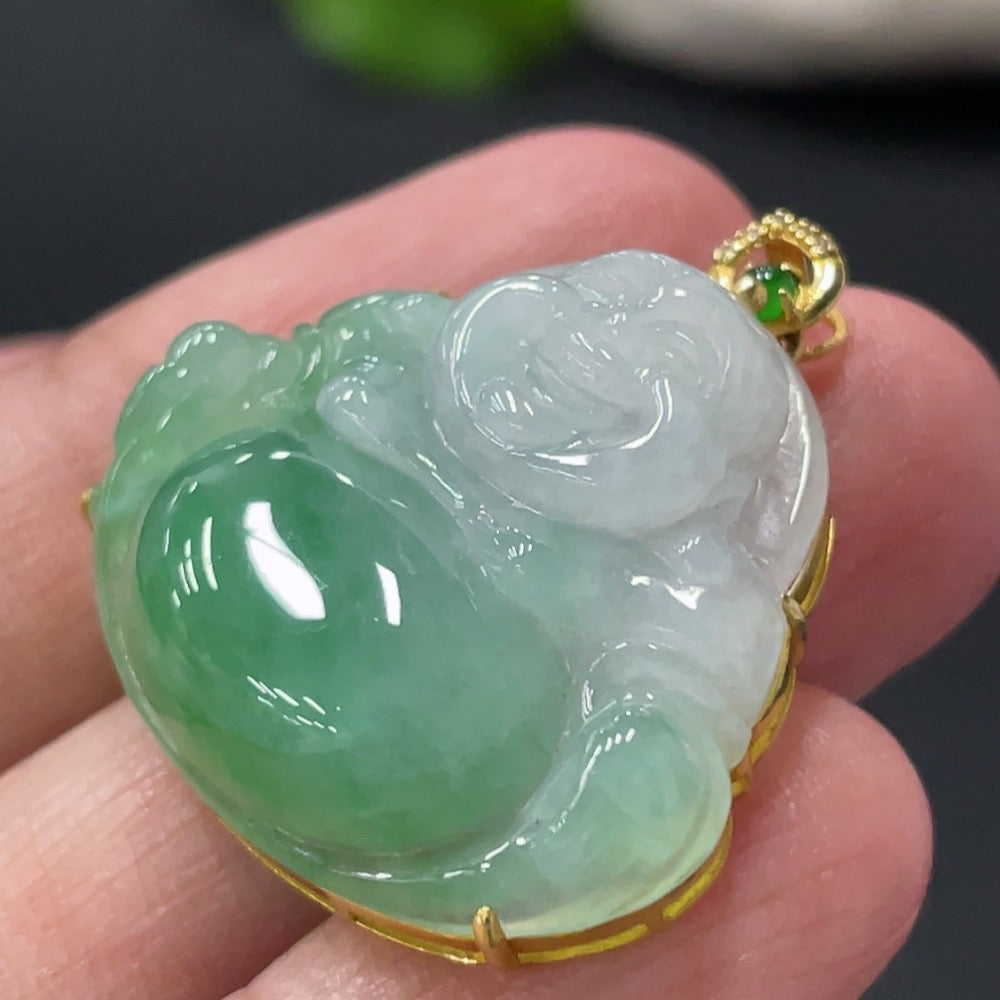 Jadeite Buddha Pendant with 18K Gold and Diamond Accents, Total Weight Approx. 6g