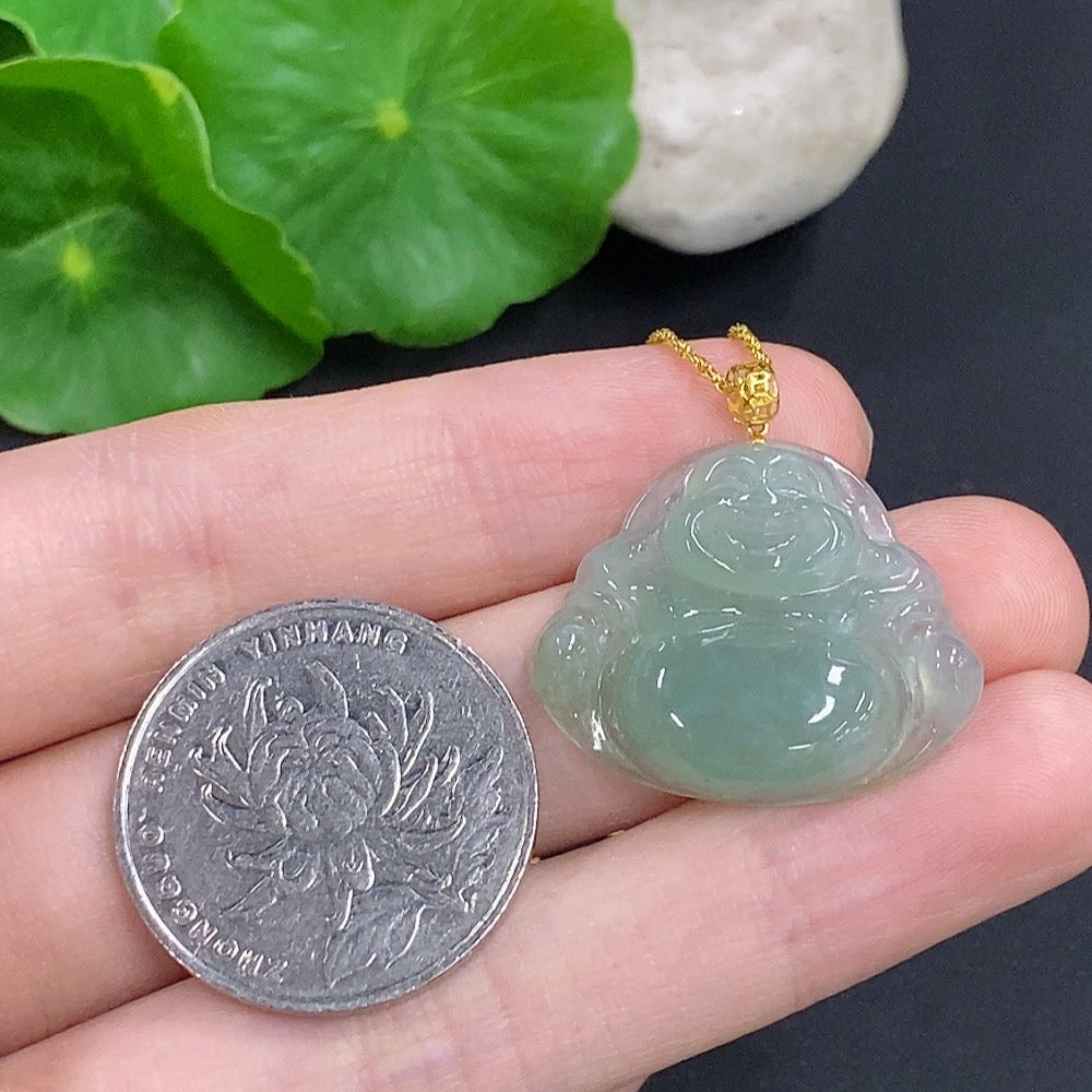 Jadeite Buddha Pendant with 18k Gold, Total Weight Approx. 5.2g (Including Chain)