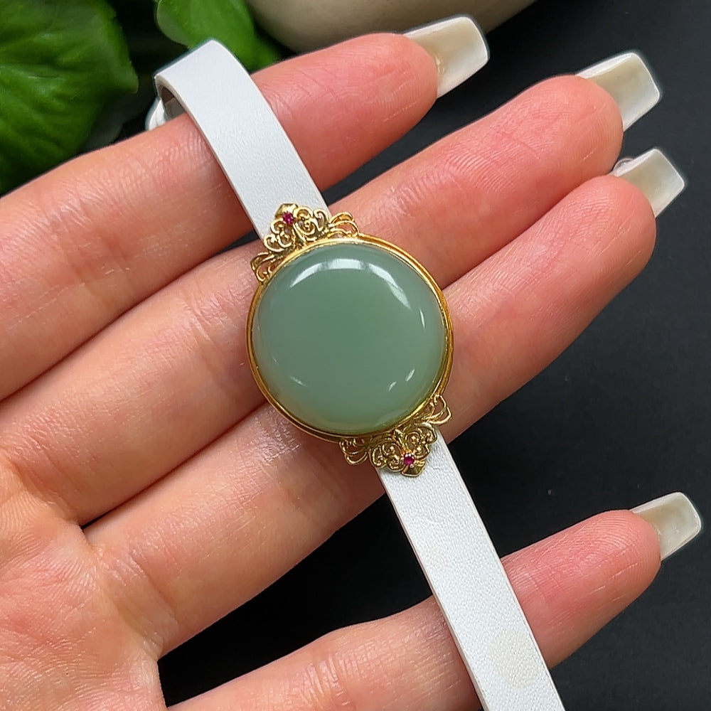 Hetian Jade Cabochon Bracelet 18K Gold with Leather Wristband