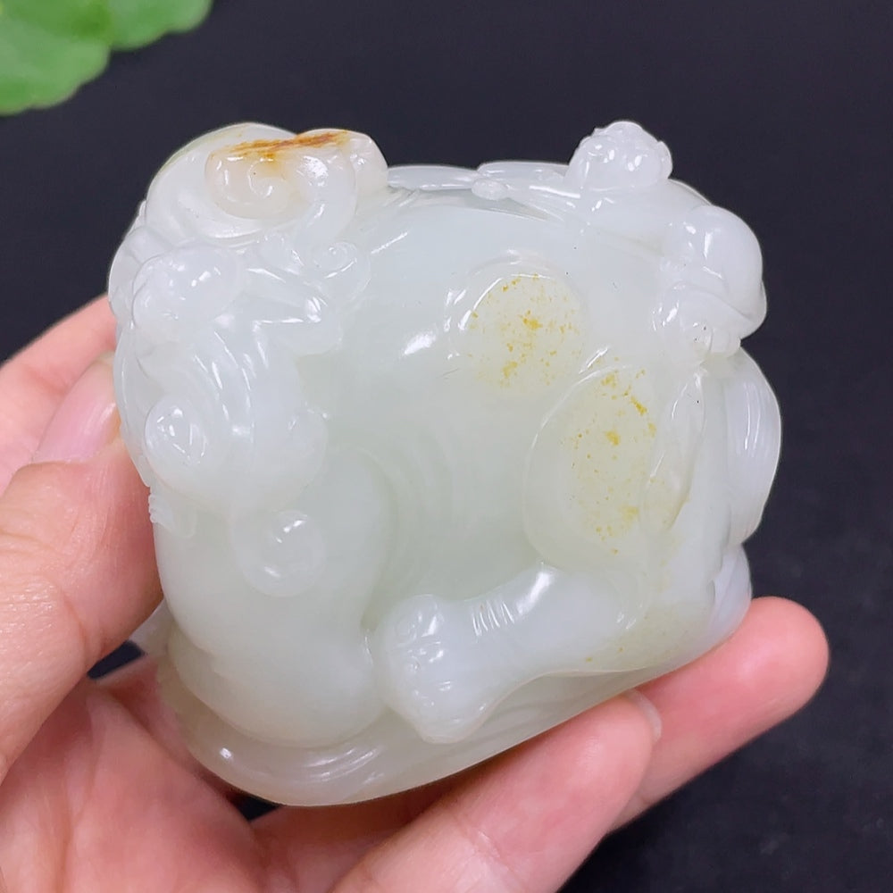 HKHQ Hetian jade handheld carving depicting the theme of attaining high rank and position, detailed jade craftsmanship.