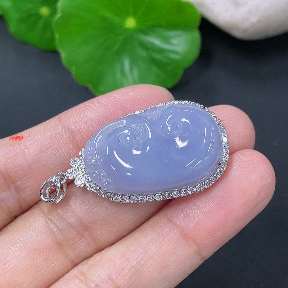 Jadeite inlaid Ruyi pendant with intricate design, non-gold, weighing approximately 6.37g, mounted on a dark background.