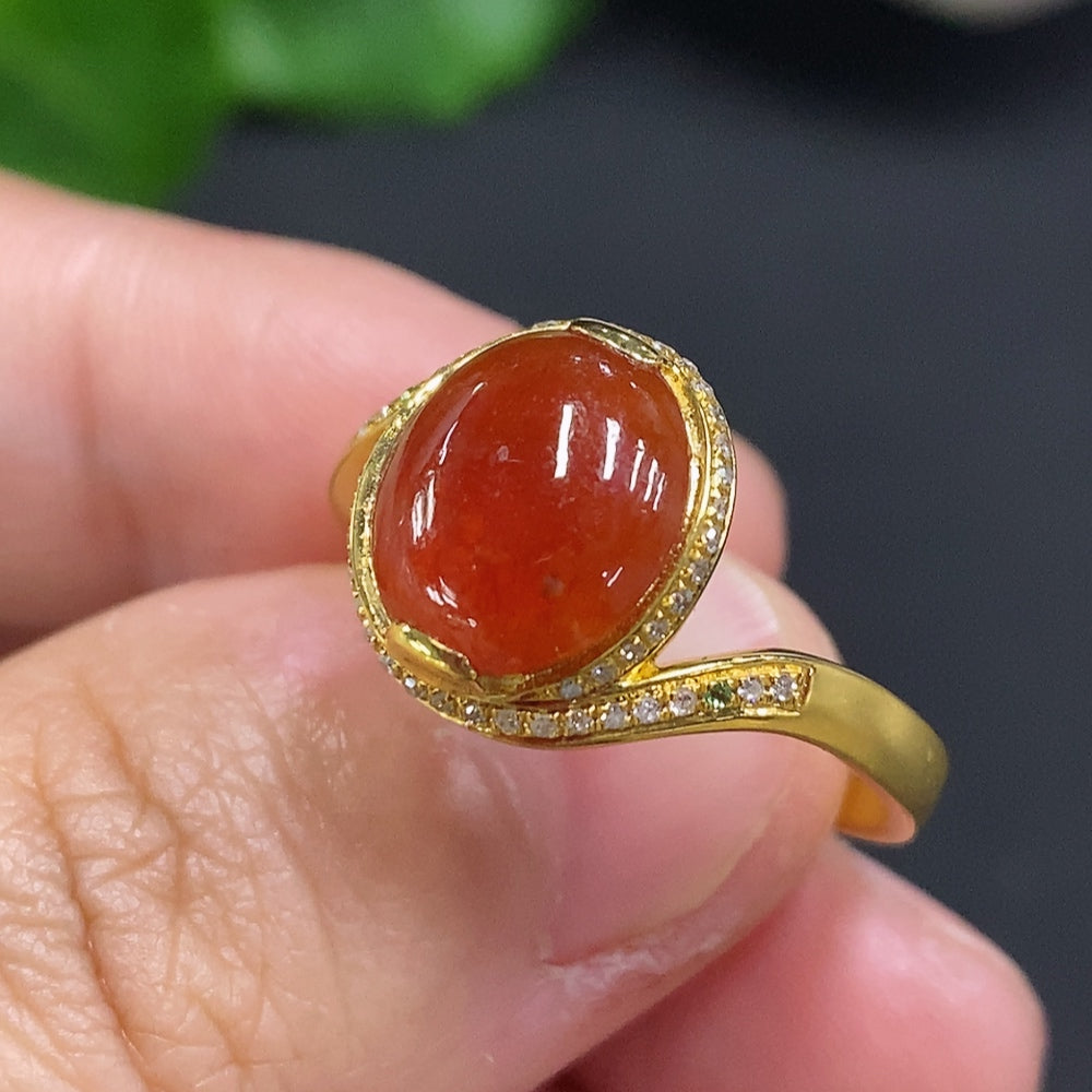 Jadeite Cabochon Ring with 18K Gold, Size 19, Total Weight Approx. 4.6g (Colorless Accent Stones are Diamonds)
