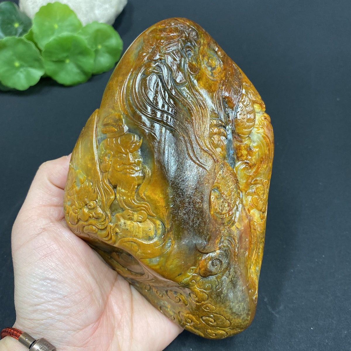 HKHQ Hetian Jade Seed Material Ornament featuring The Oath of the Peach Garden, crafted from certified Hetian jade, natural and detailed.