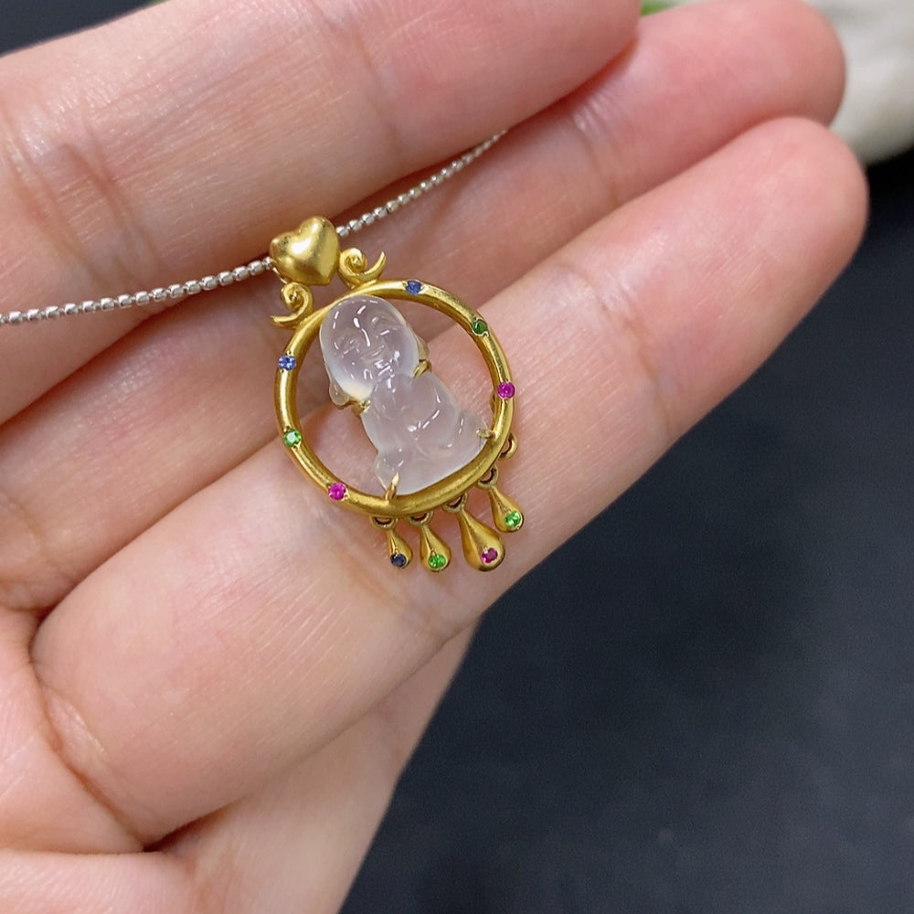Jadeite inlaid pendant with 18K gold rope chain, featuring green jade gemstone and intricate gold detailing.