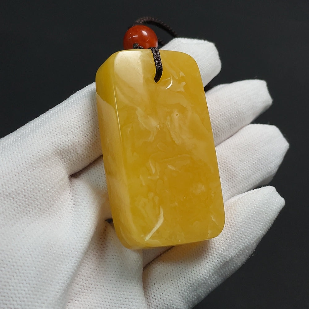 Amber beeswax pendant with southern red agate, visible organic matter, including rope