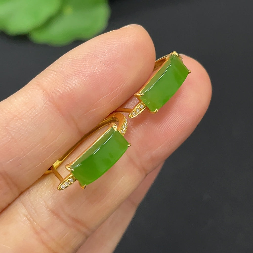 Hetian Jade Jasper Inlaid Earrings, 18K Gold, Accented with Diamonds