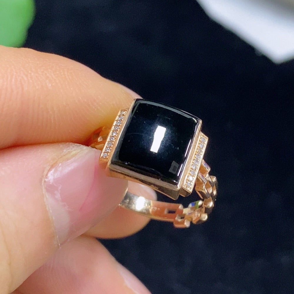 Jadeite Inlaid Ring 18k with Diamond Accents Size 14 Total Weight Approx. 3.58g