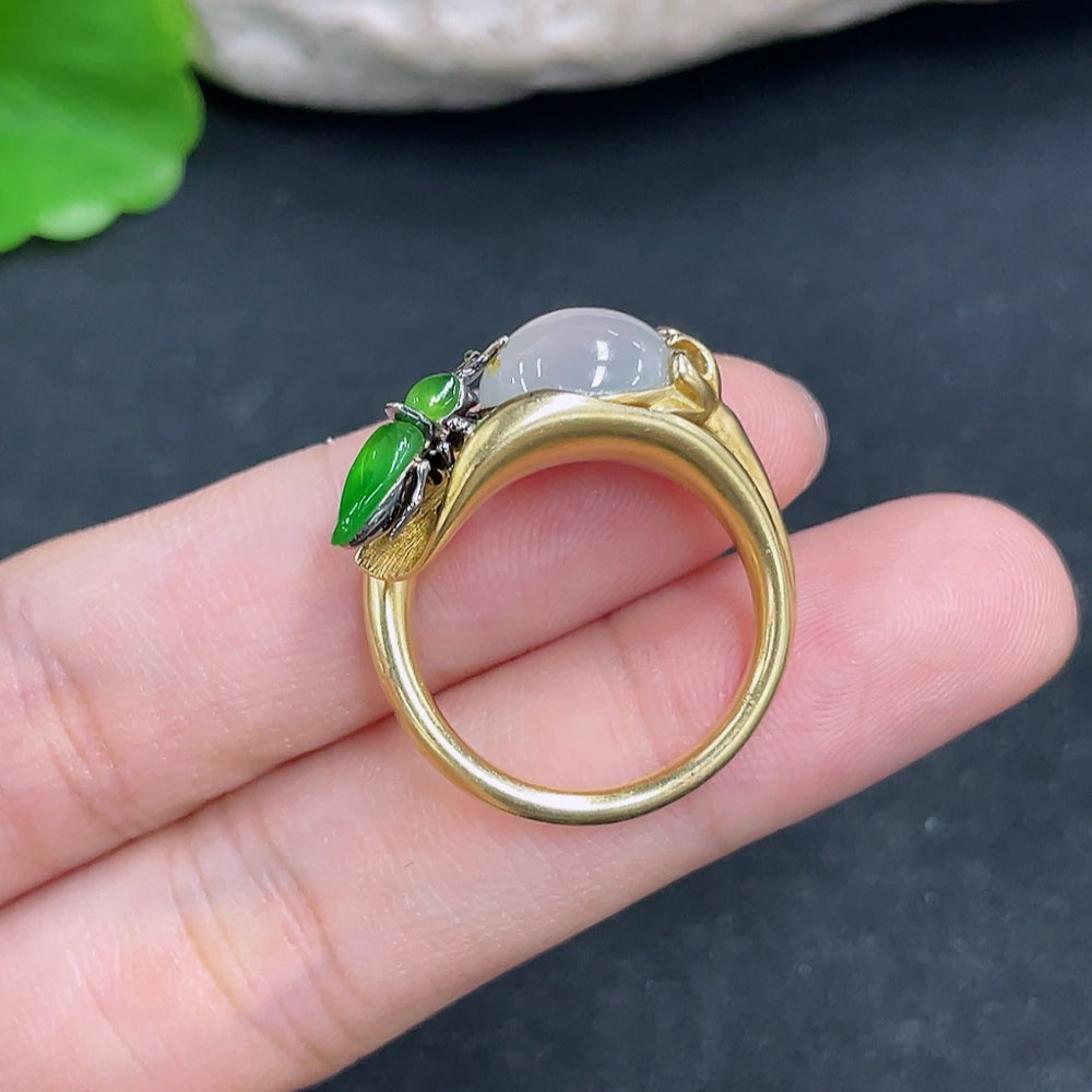 Elegant jadeite ring by HKHQ, 18k gold setting, size 14, weighs approximately 9.5g, showcasing a smooth jade gemstone.
