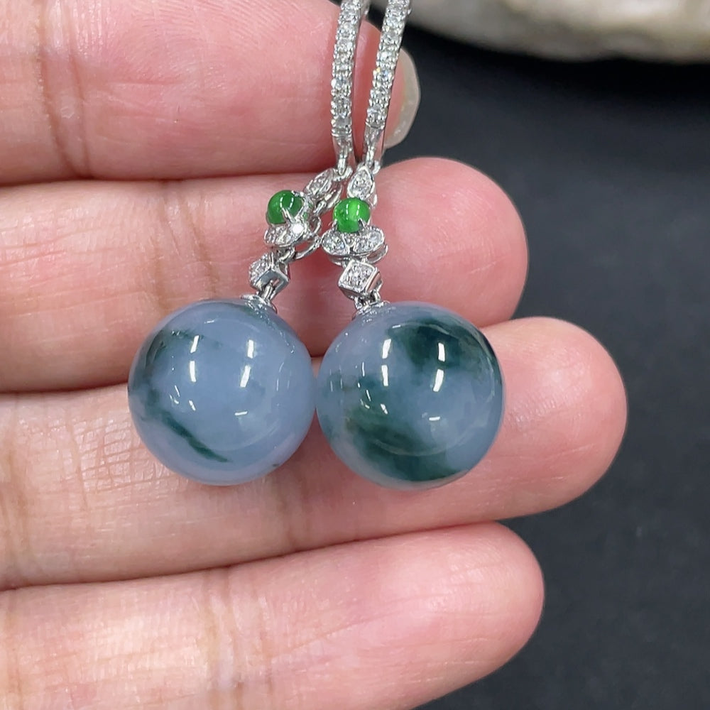 Jadeite bead inlaid ear clips pair with 18k gold and diamond accents, approx. 12mm, elegant jewelry by HKHQ